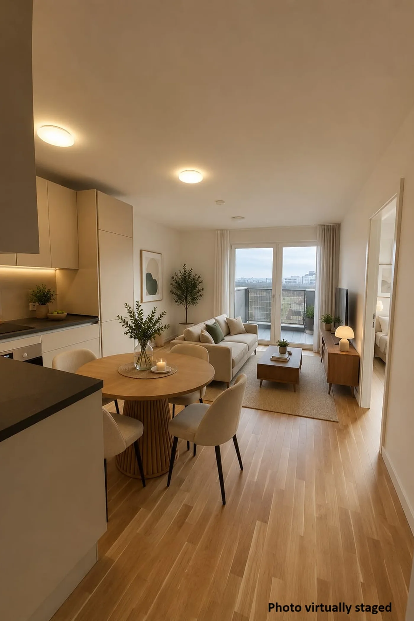 Bright living and dining area of an apartment on Stadlauer Strasse with an open kitchen